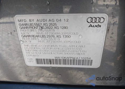 2012 Audi Q5 3.2 Premium Plus из США, поврежденный, VIN WA1DKAFP0CA110254